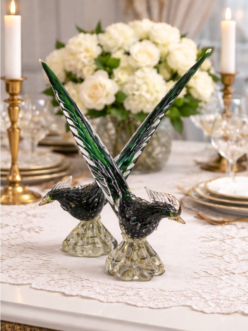 Murano Style Art Glass Pheasant Bird Pair Emerald Green Gold Fleck 13”